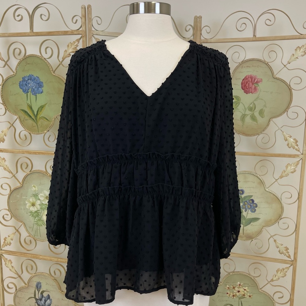 Francesca's | Blue Rain - Peplum Swiss Dot Top